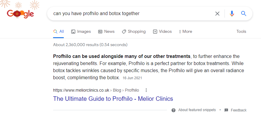 Featured snippet at the top of Google search