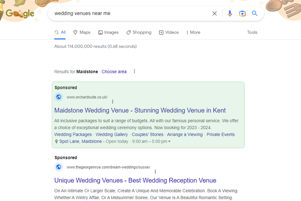 The Orchard's Google Ad showing for a search "wedding venues near me"