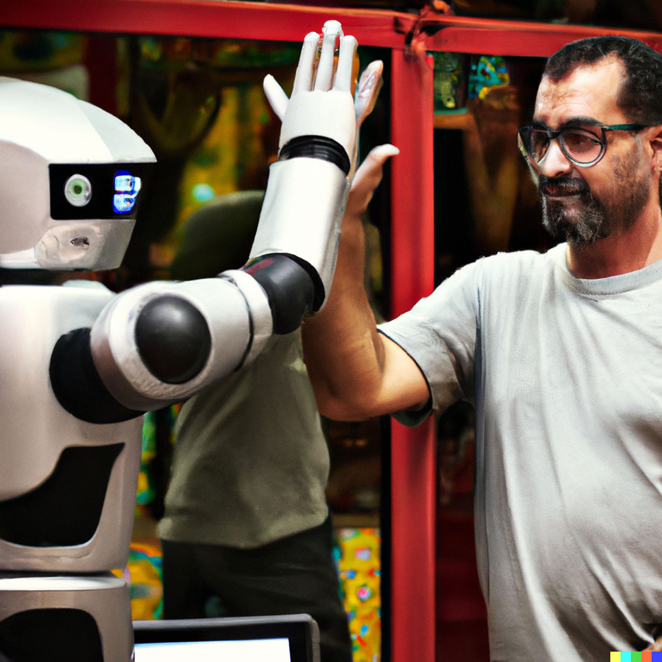 A man and a robot high-fiving