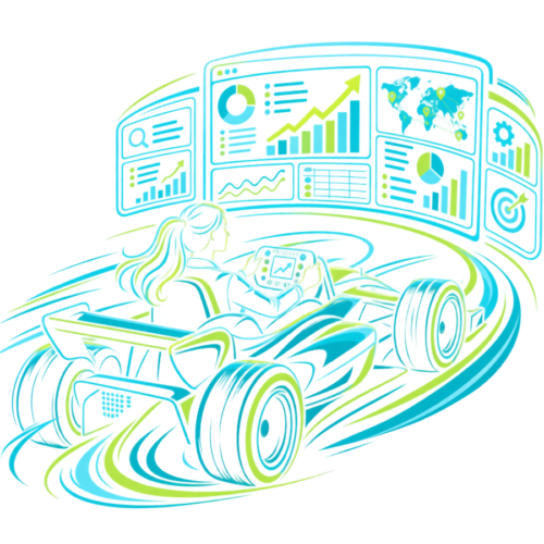A woman driving a racing car while looking at data, symbolising how our audits provide you with the information you need for informed decision making