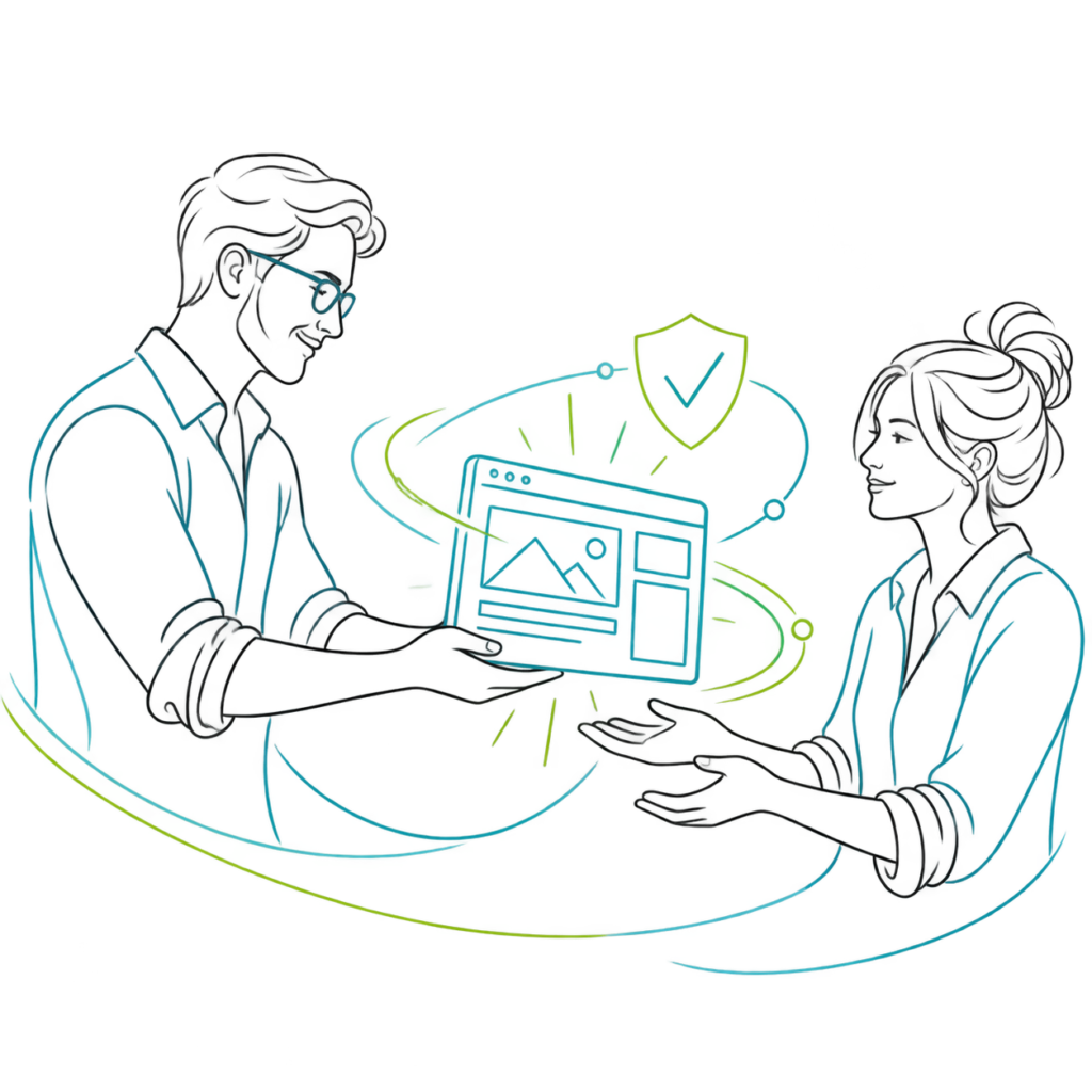 A website being passed between two people, symbolising the smooth transfer of your website to our hosting