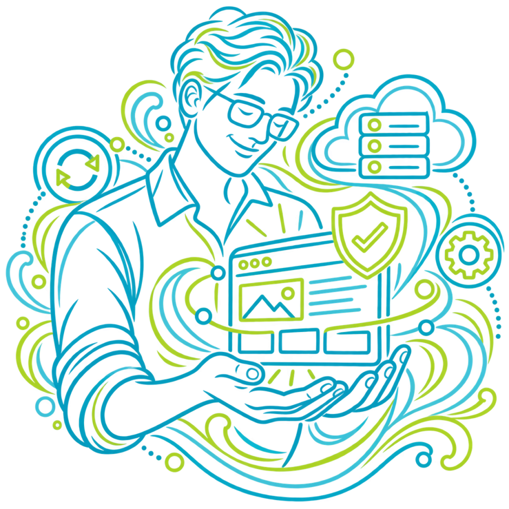 A man holding a website, depicting our website hosting and development services which put your website into a safe pair of hands.
